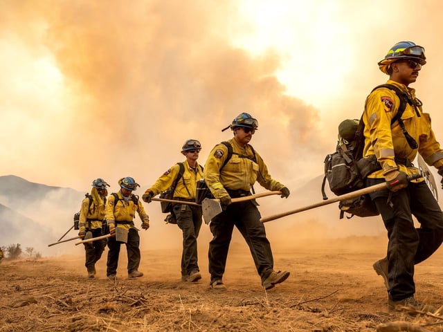 05.08.2025, USA, Los Padres National Forest: Feuerwehrleute bekämpfen den Gifford-Brand im Los Padres National Forest.