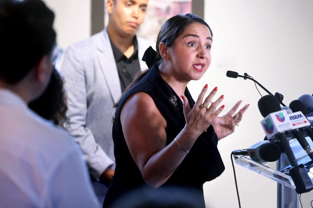 U.S. Rep. Delia Ramirez speaks at news conference at the National Museum of Puerto Rican Arts and Culture, July 9, 2025. (Antonio Perez/Chicago Tribune)