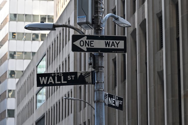 Street signs hang outside the New York Stock Exchange (NYSE) at Wall Street in New York on February 3, 2025. Stock markets slumped Monday over concerns about the global economy after US President Donald Trump announced tariffs on Canada, China and Mexico. (Photo by ANGELA WEISS / AFP) (Photo by ANGELA WEISS/AFP via Getty Images)