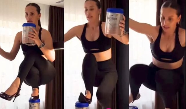 El momento en que la influencer rusa pierde el equilibrio y cae de la mesada de su cocina
