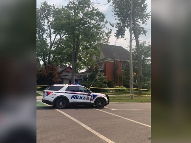 London police were at the southwest corner of Princess Avenue and Colborne Street after a fatal stabbing on Aug. 3, 2025. (Patrick Maloney/The London Free Press)
