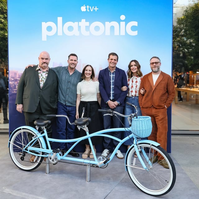 LOS ANGELES, CALIFORNIA - JULY 28: (L-R) Guy Branum, Luke Macfarlane, Francesca Delbanco, Nicholas Stoller, Rose Byrne, and Seth Rogen attend Apple 'Platonic' Los Angeles event at Apple The Grove on July 28, 2025 in Los Angeles, California. (Photo by Rodin Eckenroth/Getty Images for Today at Apple)