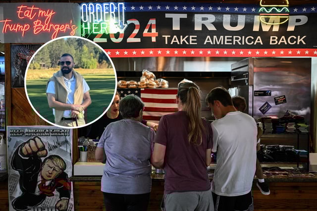 Inset: Roland Beainy. Main: Diners place their orders at the Trump Burger restaurant in Bellville, Texas, on April 19, 2025.