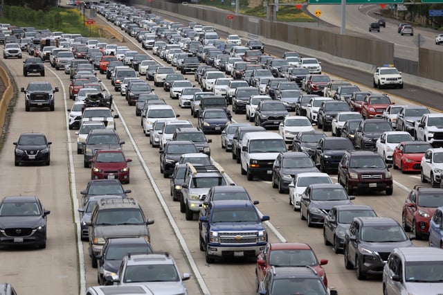 Traffic backs up on southbound Interstate 805 as people are about to enter Tijuana, Mexico, at the Otay Mesa Port of Entry on May 3, 2025, in San Diego, California.