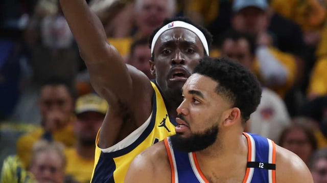 May 31, 2025; Indianapolis, Indiana, USA; Indiana Pacers forward Pascal Siakam (43) defends against New York Knicks center Karl-Anthony Towns (32) in the second quarter during game six of the eastern conference finals for the 2025 NBA Playoffs at Gainbridge Fieldhouse. Mandatory Credit: Trevor Ruszkowski-Imagn Images