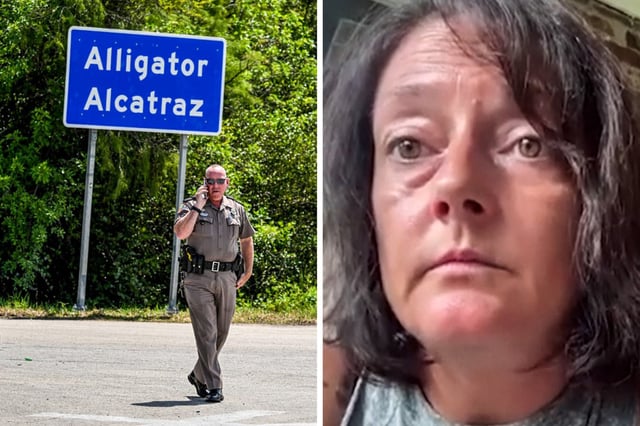 A Florida Highway Patrol officer walks past a sign for Alligator Alcatraz in Ochopee, Fla., on July 22, 2025; Lindsey, a former worker at Alligator Alcatraz.