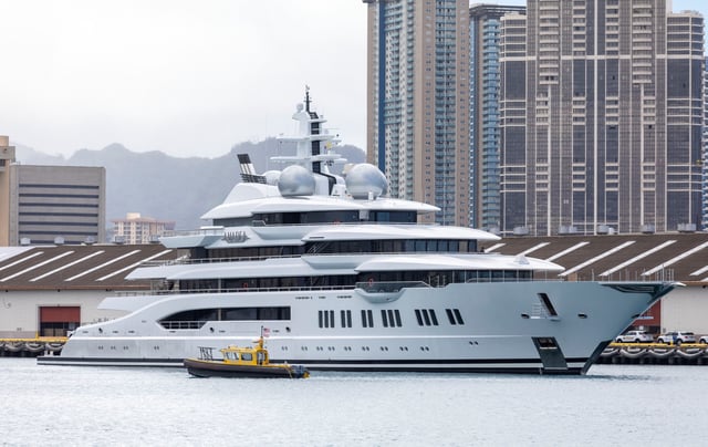 This image from June 16, 2022 shows the yacht Amadea at the Honolulu Harbor, Hawaii after it had been seized from sanctioned Russian oligarch Suleiman Kerimov.