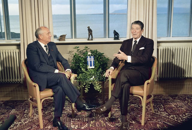 FILE - Soviet leader Mikhail Gorbachev and US President Ronald Reagan sit down together inside the Hofdi in Reykjavik, Iceland on Saturday, Oct. 11, 1986 at the start of a series of talks. (AP Photo/Scott Stewart, File)