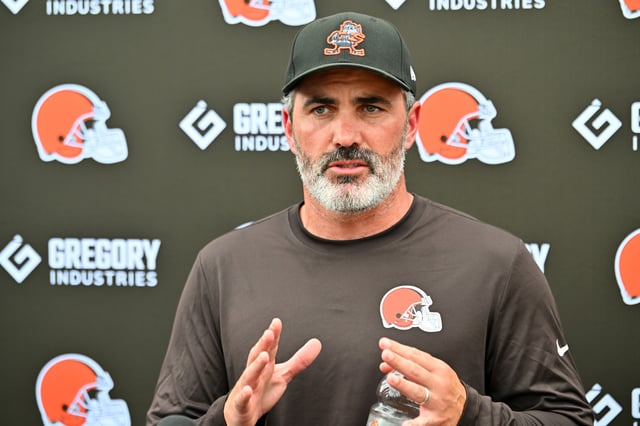 Head coach Kevin Stefanski of the Cleveland Browns talks to reporters during training camp at CrossCountry Mortgage Campus on July 25, 2025 in Berea, Ohio.