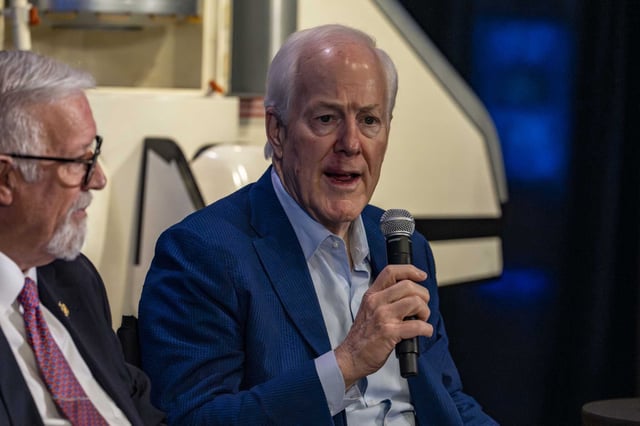 U.S. Congressman Randy Weber, left, and U.S. Sen. John Cornyn comment on the possibility of bringing a retired space shuttle to Space Center Houston during a panel discussion in Houston, Friday, June 20, 2025.