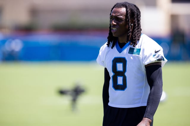 Jul 26, 2025; Charlotte, NC, USA; Carolina Panthers cornerback Jaycee Horn (8) walks off after practice at training camp. Mandatory Credit: Scott Kinser-Imagn Images/ File Photo