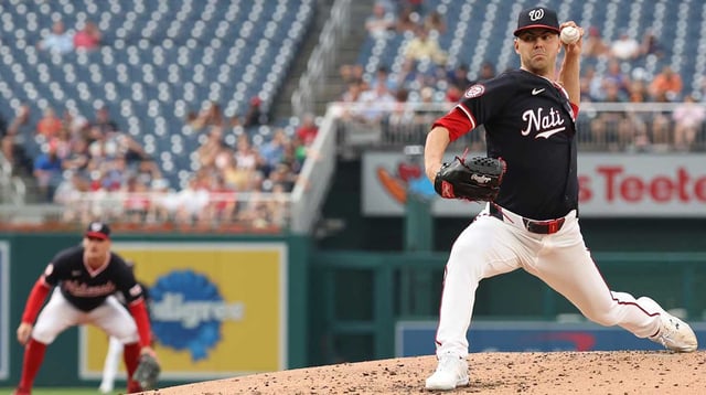 Aug 5, 2025; Washington, District of Columbia, USA; Washington Nationals starting pitcher MacKenzie Gore (1) pitches against the Athletics during the second inning at Nationals Park. Mandatory Credit: Geoff Burke-Imagn Images