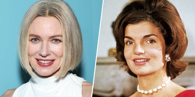 (R) Naomi Watts attends "The Friend" New York Premiere on March 24, 2025 in New York. (L) Jacqueline Kennedy at her Georgetown home in August 1960.