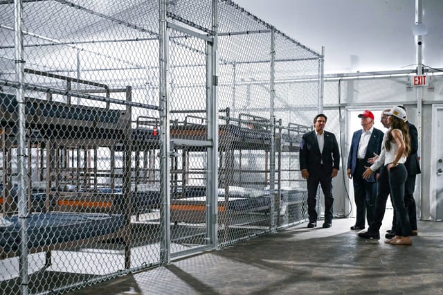 Donald Trump, Ron DeSantis, Kristi Noem at "Alligator Alcatraz" in Ochopee, Fla. on July 1, 2025.