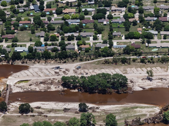 The remains of the Blue Oak RV Park where the parking spaces for the recreational vehicles can be seen near the banks of the Guadalupe River in Kerrville on Tuesday, July 8, 2025. Of the 136 people confirmed killed by the flooding on July 4, at least 44 – or nearly one-third of the casualties – died in RV parks or campgrounds