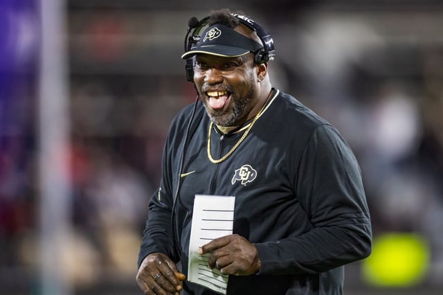 Senior Quality Control Analyst Warren Sapp of the Colorado Buffaloes sticks his tongue out during the second half of the game against the Texas Tech Red Raiders at Jones AT&amp;T Stadium on November 09, 2024 in Lubbock, Texas.