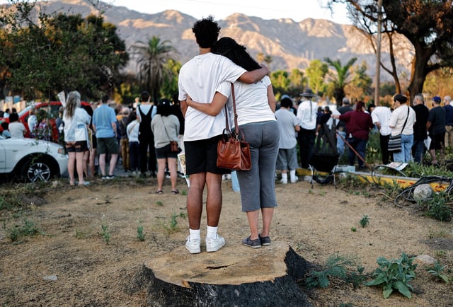 People stand on the stump of a tree lost to the Eaton Fire during a memorial service honoring the 19 people who perished during the fire, on July 7, 2025, in Altadena, Calif. The memorial service was held at the edge of the property where Evelyn McClendon, 59, lived before losing her life in the fire.
