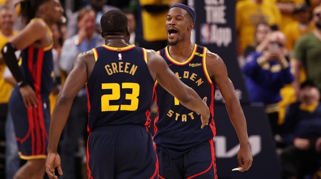 Apr 28, 2025; San Francisco, California, USA; Golden State Warriors forward Draymond Green (23) celebrates with forward Jimmy Butler III (10) after a play against the Houston Rockets during the fourth quarter of game four of the 2025 NBA Playoffs first round at Chase Center. Mandatory Credit: Kelley L Cox-Imagn Images