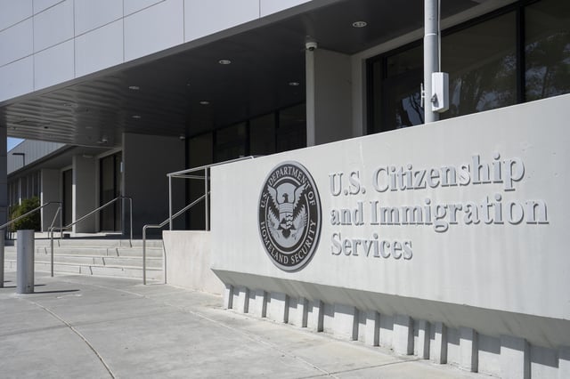 Santa Clara, CA, USA - Apr 30, 2022: Exterior view of the United States Citizenship and Immigration Services (USCIS) San Jose Field Office in Santa Clara, California.