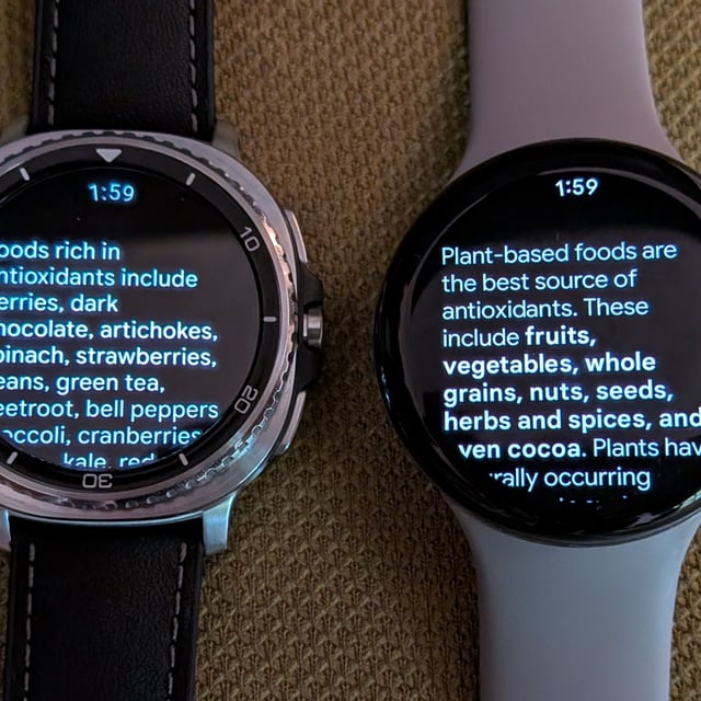 The Samsung Galaxy Watch 8 Classic (left) showing a Gemini summary about antioxidant-rich foods, and the Google Pixel Watch 3 (right) showing an Assistant summary on this topic.