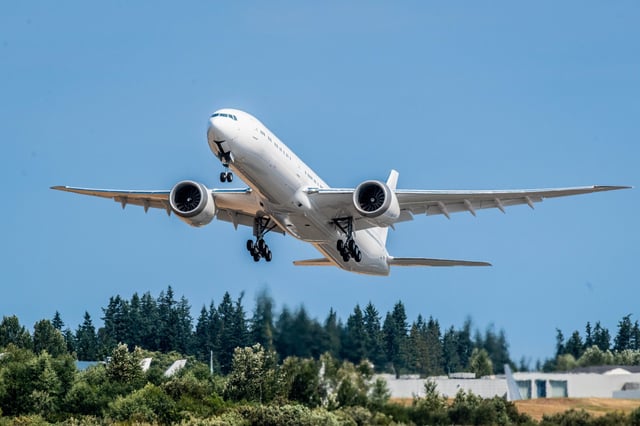 Boeing's fifth 777-9X takes off from Paine Field in Washington state. (Photo: Marian Lockhart/Boeing)