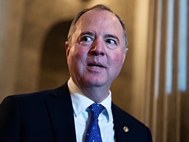 UNITED STATES - MAY 6: Sen. Adam Schiff, D-Calif., is seen after the senate luncheons in the U.S. Capitol on Tuesday, May 6, 2025. (Tom Williams/CQ Roll Call)
