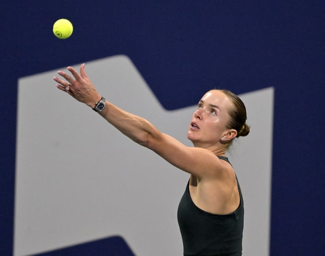 Aug 1, 2025; Montreal, QC, Canada; Elina Svitolina (UKR) serves against Anna Kalinskaya in third round play at IGA Stadium. Mandatory Credit: Eric Bolte-Imagn Images/ File Photo