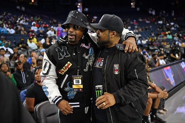 Rapper MC Hammer embraces Ice Cube before Game One of the BIG3 Tournament at Oakland Arena in Oakland, Calif., on June 15, 2024. Ice Cube is the co-founder of the 3-on-3 pro basketball league. (Jose Carlos Fajardo/Bay Area News Group)