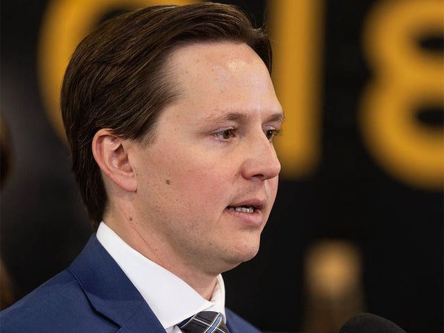 Devin Dreeshen, Minister of Transportation and Economic Corridors at a press conference in Alberta at Heritage Park in Calgary on Monday, April 29, 2024.