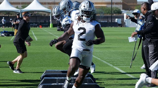 Jul 24, 2025; Henderson, NV, USA; Las Vegas Raiders running back Ashton Jeanty (2) during training camp at the Intermountain Healthcare Performance Center.