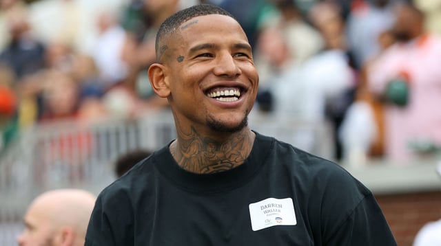 Nov 9, 2024; Atlanta, Georgia, USA; Former Georgia Tech Yellow Jackets tight end Darren Waller on the sideline against the Miami Hurricanes in the first quarter at Bobby Dodd Stadium at Hyundai Field. Mandatory Credit: Brett Davis-Imagn Images