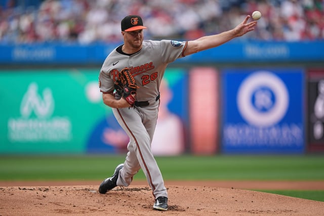 Baltimore Orioles&#39; Trevor Rogers pitches during the first inning of a baseball game against the Philadelphia Phillies, Wednesday, Aug. 6, 2025, in Philadelphia. (AP Photo/Matt Rourke)