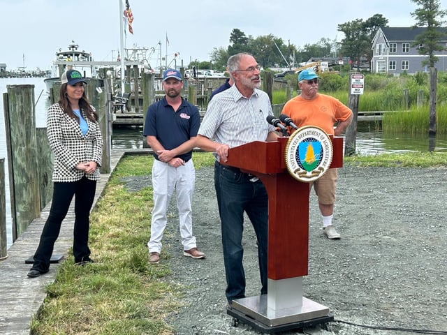 Congressman Andy Harris and U.S. Department of Agriculture Secretary Brooke Rollins announce a $6 million grant program for Maryland fisherman to catch and process invasive blue catfish. (Hannah Gaskill/Staff)
