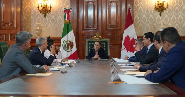La Presidenta de México, Claudia Sheinbaum, se reunió el martes con la Ministra de Asuntos Exteriores y el Ministro de Finanzas e Ingresos Nacionales de Canadá en Palacio Nacional. Foto: X @Claudiashein