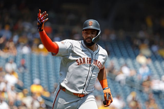 PITTSBURGH, PA – AUGUST 06:  Jerar Encarnacion #59 of the San Francisco Giants reacts after hitting a solo home run in the fifth inning against the Pittsburgh Pirates at PNC Park on August 6, 2025 in Pittsburgh, Pennsylvania.  (Photo by Justin K. Aller/Getty Images)