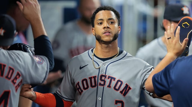 Aug 4, 2025; Miami, Florida, USA; Houston Astros shortstop Jeremy Pena (3) celebrates after scoring against the Miami Marlins during the fourth inning at loanDepot Park. Mandatory Credit: Sam Navarro-Imagn Images