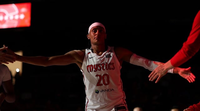 Jul 31, 2025; Washington, District of Columbia, USA; Washington Mystics guard Brittney Sykes (20) is introduced prior to the mystics&#39; game against the Golden State Valkyries at CareFirst Arena. Mandatory Credit: Geoff Burke-Imagn Images