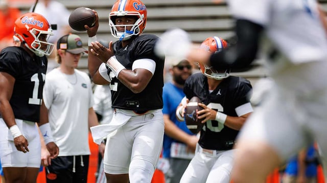 Florida Gators quarterback DJ Lagway (2) throws the ball during fall football practice at Ben Hill Griffin Stadium. Mandatory Credit: © Matt Pendleton/Gainesville Sun / USA TODAY NETWORK via Imagn Images