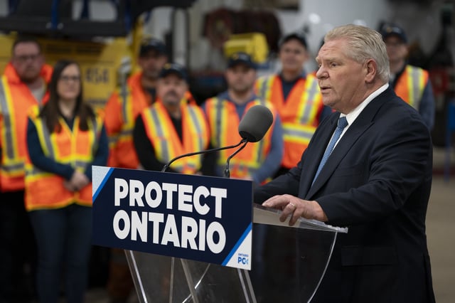 Progressive Conservative Leader Doug Ford speaks from the podium during a visit to Walker Construction in St. Catharines, Ont. on Friday, January 31, 2025. 