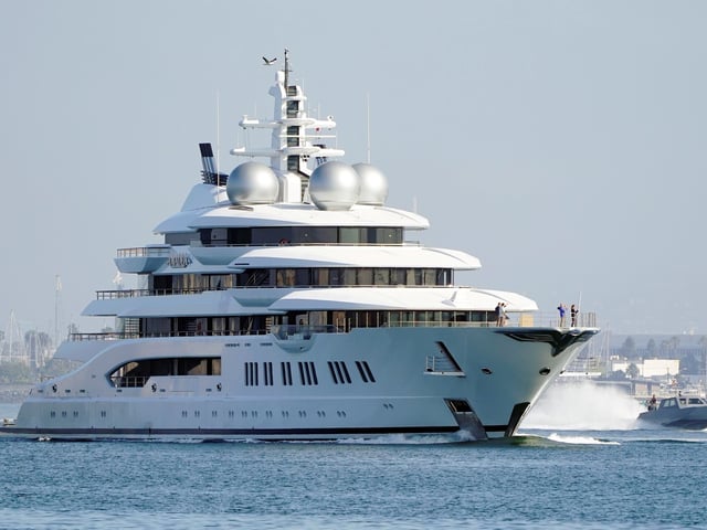 FILE - The super yacht Amadea sails into the San Diego Bay June 27, 2022, seen from Coronado, Calif. The United States is auctioning off the $325 million luxury superyacht Amadea, its first sale of a seized Russian superyacht since the launch of Russia’s full-scale invasion of Ukraine. The auction comes as President Donald Trump pressures Russian President Vladimir Putin to end the war.  (AP Photo/Gregory Bull, File)
