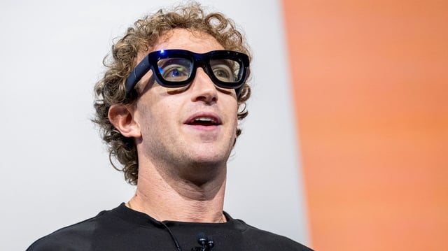 Mark Zuckerberg, CEO of Meta, wears Orion augmented reality glasses in 2024. (Photo: David Paul Morris/Bloomberg via Getty Images)