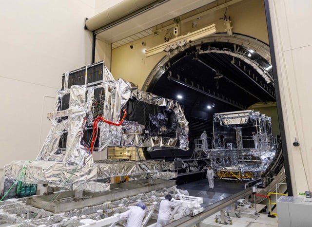 Pictured is the first Next-Gen OPIR GEO satellite exiting thermal vacuum testing (Lockheed Martin Photo)