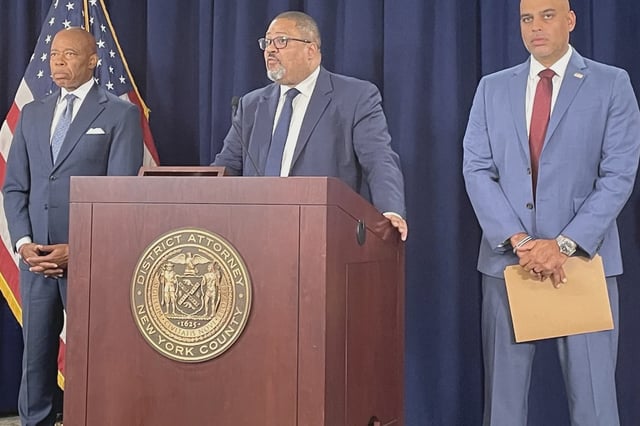 Manhattan District Attorney Alvin Bragg speaks at a press conference announcing charges in the shooting of an off-duty Border Patrol officer.
