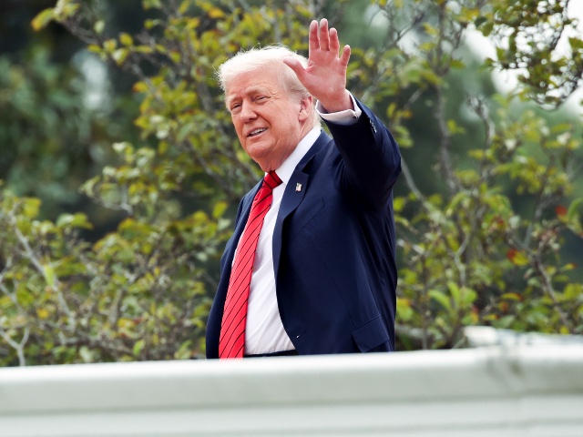 President Donald Trump on the roof of the West Wing of the White House in Washington, DC, US, on Tuesday, Aug. 5, 2025. Trump appeared on the roof of the White House near where he has proposed a new ballroom to be built. (Samuel Corum/Sipa/Bloomberg via Getty)