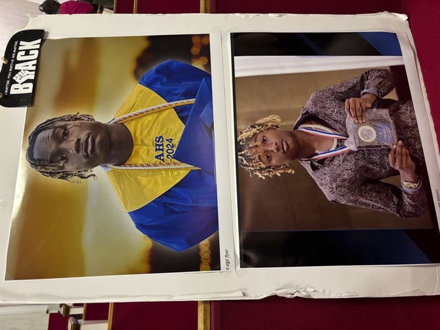 Photos of Jabari Peoples, 18, are displayed at a press conference in Homewood, Ala., Tuesday, July 8, 2025. (AP Photo/Kim Chandler)