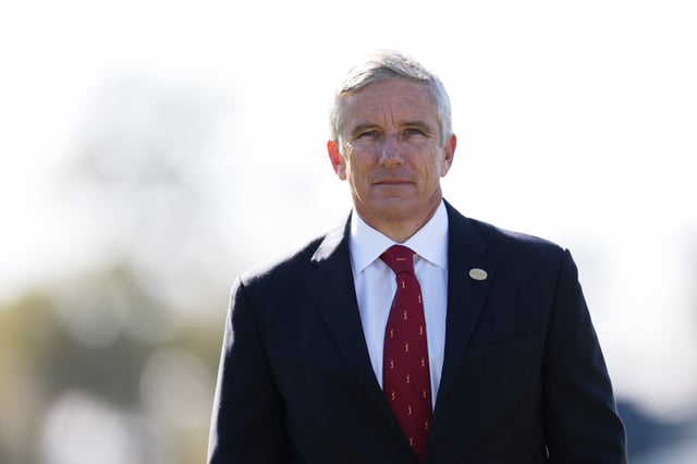 PONTE VEDRA BEACH, FLORIDA - MARCH 17: Jay Monahan, Commissioner of the PGA TOUR, looks on during the trophy presentation after the final round of THE PLAYERS Championship on the Stadium Course at TPC Sawgrass on March 17, 2025 in Ponte Vedra Beach, Florida. (Photo by Richard Heathcote/Getty Images)
