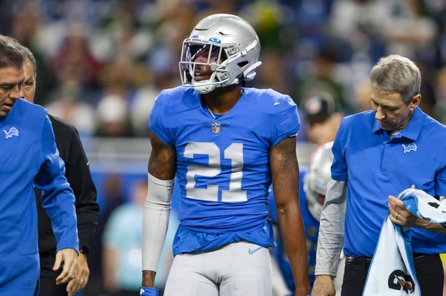 Jan 9, 2022; Detroit, Michigan, USA; Detroit Lions free safety Tracy Walker III (21) walks off the field with an injury during the first quarter against the Green Bay Packers at Ford Field. Mandatory Credit: Raj Mehta-USA TODAY Sports/File Photo