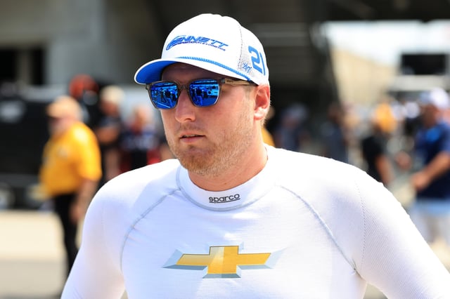 Austin Hill, driver of the #21 Bennett Transportation Chevrolet, looks on during qualifying for the NASCAR Xfinity Series Pennzoil 250 at Indianapolis Motor Speedway on July 26, 2025 in Indianapolis, Indiana.
