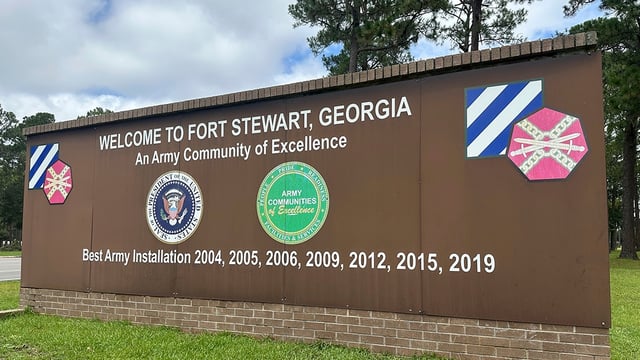 A sign outside the main gate of Fort Stewart, Georgia, is shown on Aug. 6, 2025. 
