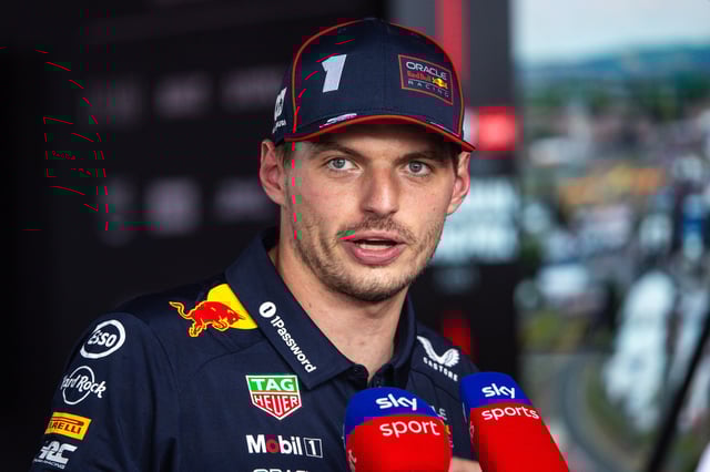 Max Verstappen of the Netherlands and Oracle Red Bull Racing answers questions in the TV media pen during qualifying ahead of the F1 Grand Prix of Hungary at Hungaroring on August 2, 2025 in Budapest, Hungary.